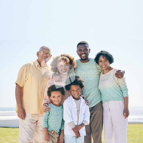 Image of Smile, love and portrait of a happy family at a beach for travel, vacation and holiday on nature in summer. Relax, face and trip with children, parents and grandparents bond while traveling in Miami