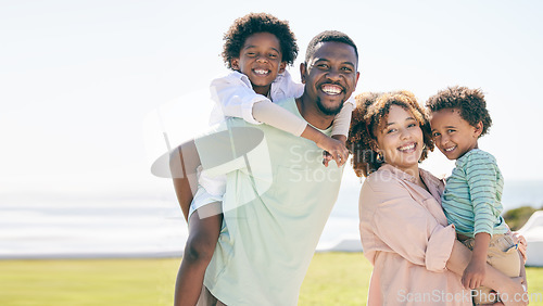 Image of Smile, happy and portrait of a black family at beach for travel, vacation and piggyback on nature mockup. Relax, face and trip with children and parents embrace and bond while traveling in Cuba