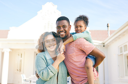 Image of Black family, portrait smile and hug for real estate, new home or property together in the outdoors. Happy mother and father with daughter on piggyback smiling for mortgage, house loan or investment