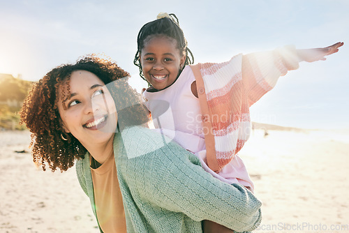 Image of Portrait, fly or girl with mother at beach on summer holiday vacation together as a happy family. Fun African mom, piggyback or excited young child love bonding, relaxing or playing in nature or sea