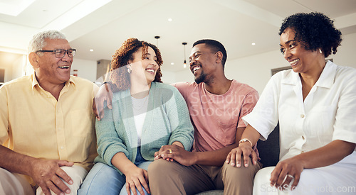 Image of Family, parents and couple relax and happy on a sofa or couch in a living room in a home or house bonding. Laughing, joyful and senior people on retirement enjoying quality time together