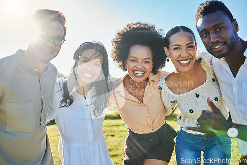 Image of Friends, diversity and bonding hug in park, nature environment or sustainability garden for profile picture, travel fun or summer holiday. Portrait, smile and happy men, women and people in location