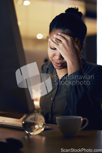 Image of Computer, night headache and black woman tired after overtime bookkeeping, accounting or data analysis. Mental health stress, 404 spreadsheet glitch and agent with depression, pain or burnout problem