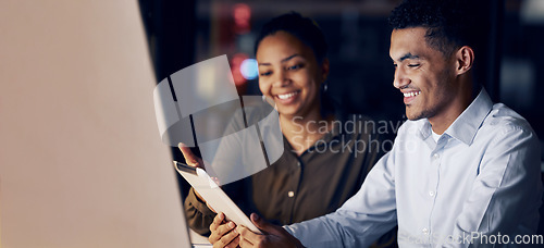 Image of Tablet reading, night teamwork and business people review article for media app, website database or social network. Happy research collaboration, online blog editor and journalist editing news post