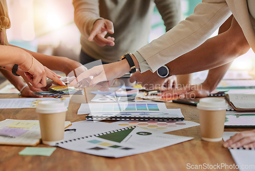 Image of Color palette, creative and hands of business people on desk for branding meeting, strategy and marketing design. Teamwork, collaboration and designers brainstorming ideas, thinking and planning logo