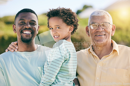 Image of Portrait, black family with a father, son and grandfather bonding outdoor in the garden together for love. Happy, kids or generations with a man, boy and senior relative standing outisde in the yard