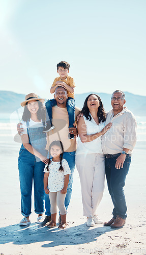 Image of Portrait, beach and black family laughing outdoor in nature together on vacation during summer. Happy, smile or love with children, parents and grandparents bonding on the coast for a holiday