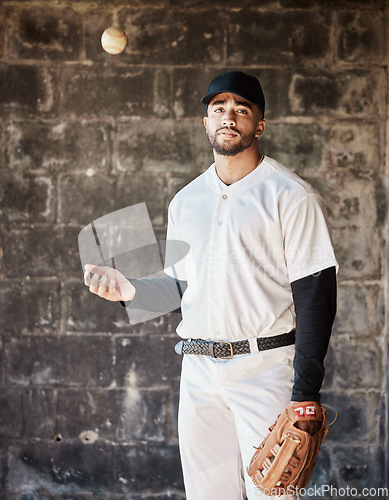 Image of Baseball, sports and portrait of man with ball on wall background ready for game, match and practice. Softball mockup, motivation and male player in dugout for training, exercise and competition