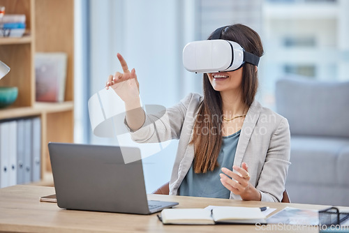 Image of Vr, virtual reality and business woman in metaverse with digital technology in office. 3d, ai and happy female entrepreneur with futuristic headset for gaming, internet browsing or fantasy simulation