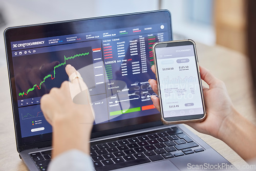 Image of Phone screen, laptop and hands trading on stock market in office for fintech, investment or cryptocurrency. Smartphone, ui pointing and business woman with mobile to invest with statistics or graphs.