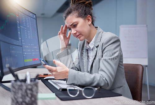 Image of Sad, stock market and stress business woman lose or fail or disappointed in trading and frustrated in office with a headache. Employee, burnout and corporate worker depressed by data or crypto crash