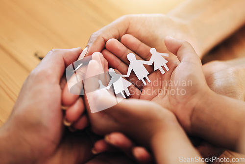 Image of Hands, family and paper cutout, support and connection, link and bonding, foster care and adoption. Palm, parents and child with parenthood, art and craft with solidarity and community with trust