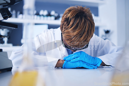 Image of Stress, burnout or black woman scientist upset over medical crisis or mistake, research fail or error in lab. Sad, tired or frustrated doctor for healthcare anxiety, work depression or mental health