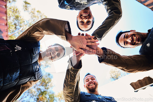 Image of Portrait, team motivation or hands in huddle for goals, hope or soldier training on war battlefield. Mission, low angle or happy army friends in solidarity and support in paintball or military group