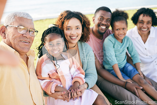 Image of Selfie, big family and grandparents, parents and kids with smile in backyard, outdoor weekend fun together. Happiness, black men and happy women with children relax, quality time in garden in summer.