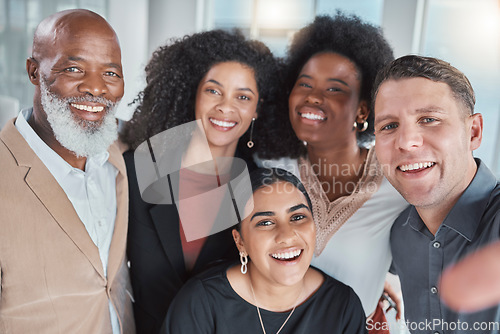 Image of Company selfie, diversity and team building with a about us profile picture in a office. Happiness, teamwork and business motivation portrait of a media research group with a smile from collaboration