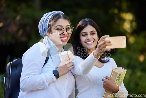 Image of Happy, friends and selfie with women at college for social media, education and connection. Diversity, smile and happiness with girl and picture for university, student and development on campus