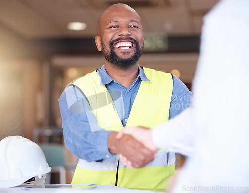 Image of Handshake, architecture and engineer man partnership, real estate meeting or agreement at construction site. Project manager, contractor or diversity people shake hands in property or renovation deal