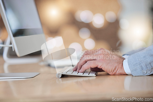 Image of Typing, computer and hands of man in office for search, report and project planning. Technology, internet and email with employee and keyboard at desktop for professional, browsing and online