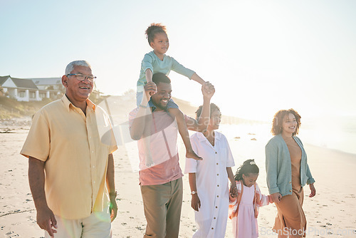 Image of Big family, grandparents or children at beach walking holding hands with girls on summer holiday together. Happy dad, mom or kids siblings love bonding or relaxing with grandmother and grandfather