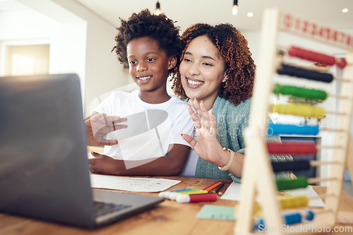 Image of Wave, mother and kid with laptop for video call, online meeting and webinar. Black family, computer and smile of happy mixed race mama with boy waving in virtual chat for hello, greeting or talking.