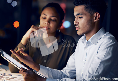 Image of Tablet reading, night partnership and business people review article for media app, website database or social network. Research story teamwork, blog editor focus and web journalist editing news post