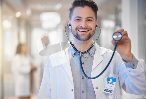 Image of Stethoscope, portrait or happy man doctor with leadership in hospital or clinic with smile or pride. Healthcare manager with job mindset for medical solutions or problem solving in health service