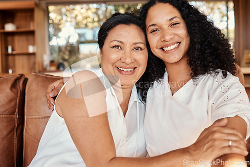 Image of Woman portrait, senior mom selfie and smile of family on a living room sofa with happiness and bonding. Mama love, support and happy elderly care with women on lounge couch in a house together