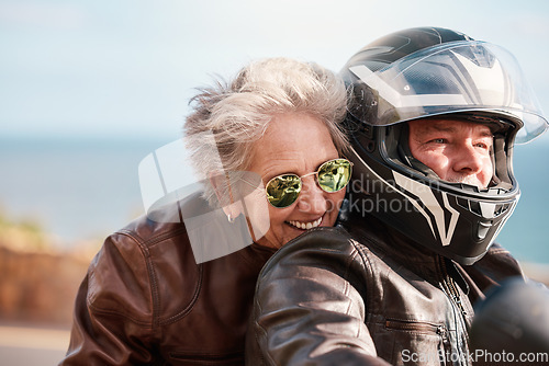 Image of Motorcycle, travel and senior couple on road trip for adventure, freedom and enjoying weekend in retirement. Love, summer and man and woman ride on motorbike for holiday, vacation and journey by sea