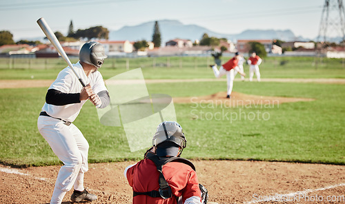 Image of Baseball, bat and waiting with a sports man outdoor, playing a competitive game during summer. Fitness, health and exercise with a male athlete or player training on a field for sport or recreation