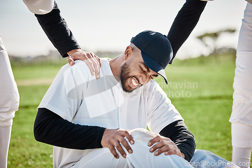 Image of Baseball, team help and man with injury on field after accident, fall or workout in match. Sports, training and male player with fibromyalgia, inflammation pain or broken knee with friends helping.