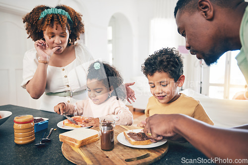 Image of Love, black family and breakfast for nutrition, quality time and wellness in kitchen, happiness and joyful. Parents, mother and father with children, kids and start day with meal, health and happy