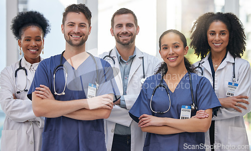 Image of Portrait, nurses and doctors at hospital proud, empowered and excited about medical collaboration. Face, healthcare and health expert team united for innovation, teamwork and support at a clinic