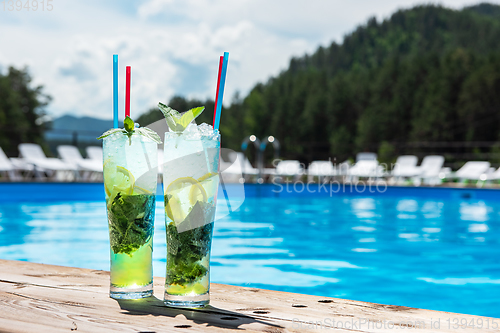 Image of Two Mojito cocktail with lime and mint in highball glass