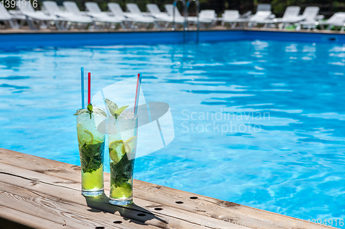 Image of Two Mojito cocktail with lime and mint in highball glass