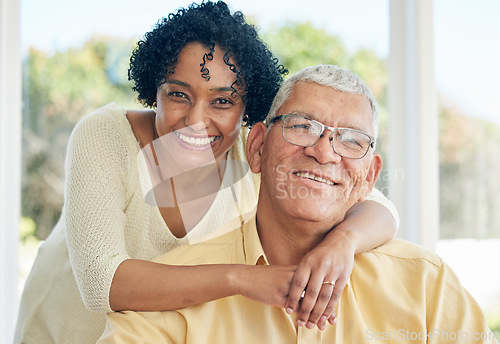 Image of Portrait, love and couple hug, retirement and quality time for anniversary, loving and bonding together. Face, old man and mature woman embrace, romance and relations with joy, happiness and cheerful