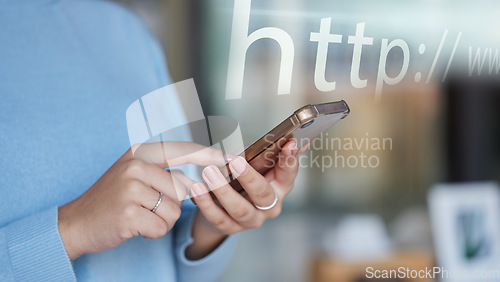 Image of Web search, url and phone with hands of woman for internet, technology and data connection. Website, text and seo with girl and typing on mobile for social media, online browser and information