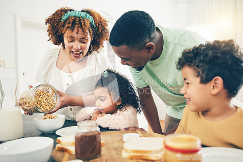 Image of Breakfast food, black family and parent care with mother, dad and kids helping in the kitchen. Home, cereal and mama cooking with kids and father smile together with happiness in the morning