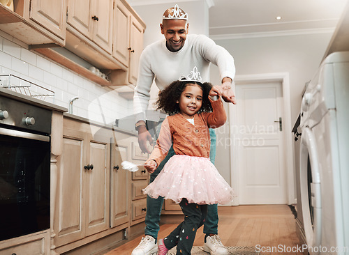 Image of Happy, portrait and girl and father dancing in the kitchen for celebration, party and bonding. Smile, laughing and dad doing a dance with a child for quality time, happiness and playful together