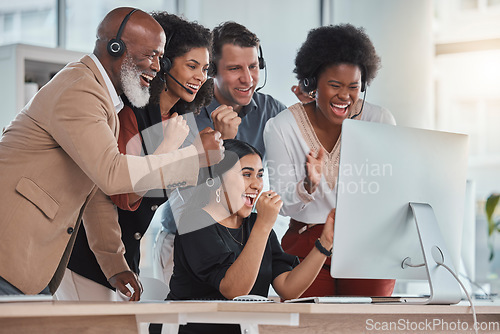 Image of Team goals, excited or people call center with success in celebration for target, winning bonus or achievements. happy group of consultants, sales agents or friends with support, motivation or pride