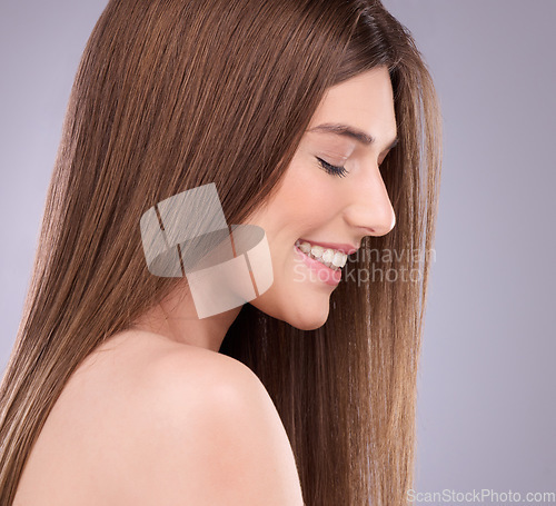 Image of Beauty, profile and hair care of woman with eyes closed in studio isolated on a gray background. Face makeup, cosmetics and happy female model with salon treatment for keratin, balayage and hairstyle