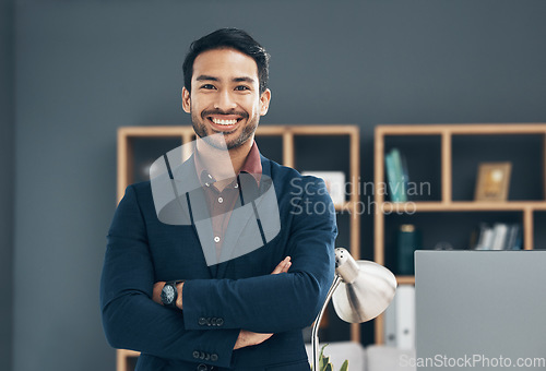 Image of Office portrait, CEO and business man happy for startup law firm, corporate development or company success. Happiness, workplace and Taiwan lawyer with pride in career, job or professional growth