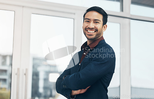 Image of Office portrait, leader and business man happy for startup law firm, corporate development or company success. Confident, workplace and Taiwan lawyer with pride in career, job or professional growth