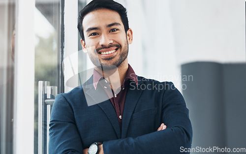 Image of Office portrait, leaning and man confident for startup entrepreneurship, corporate management or company success. Entrepreneur, human resources or happy HR smile for career, job or executive vocation