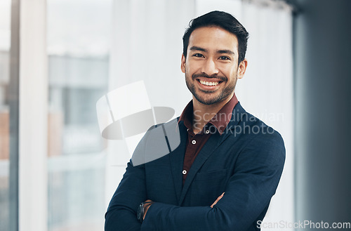 Image of Office portrait, manager and business man happy for startup law firm, corporate development or company success. Happiness, workplace and Taiwan lawyer with pride in career, job or professional growth