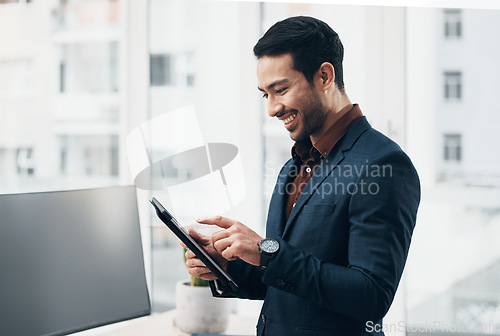 Image of Company tablet, smile and business man typing on digital dashboard, IOT or interactive smart tech for office automation. Internet of things, ui graphic screen and person programming software system