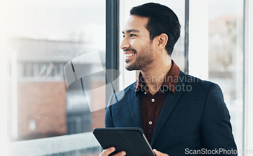 Image of Window, happy man and tablet for architect vision, business mission or digital blueprint for real estate project. Realtor, property developer or person planning architecture engineering development