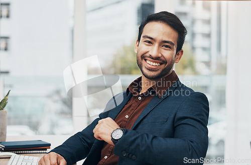 Image of Office portrait, smile and business man happy for startup law firm, corporate development or company success. Happiness, workplace and Taiwan lawyer with pride in career, job or professional growth