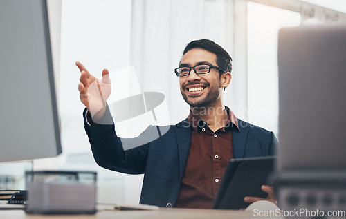 Image of Invisible screen, computer and business man in office with hand gesture for hologram, virtual tech and ai. Network, technology mockup and happy male at desk with tablet for internet, research and ui