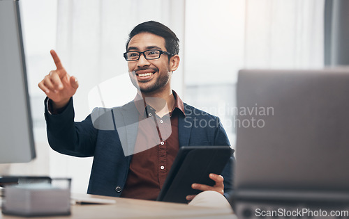 Image of Point, computer and happy business man in office with hand touch for research, website and internet. Digital network, technology mockup and male smile at desk on tablet for software, data and online